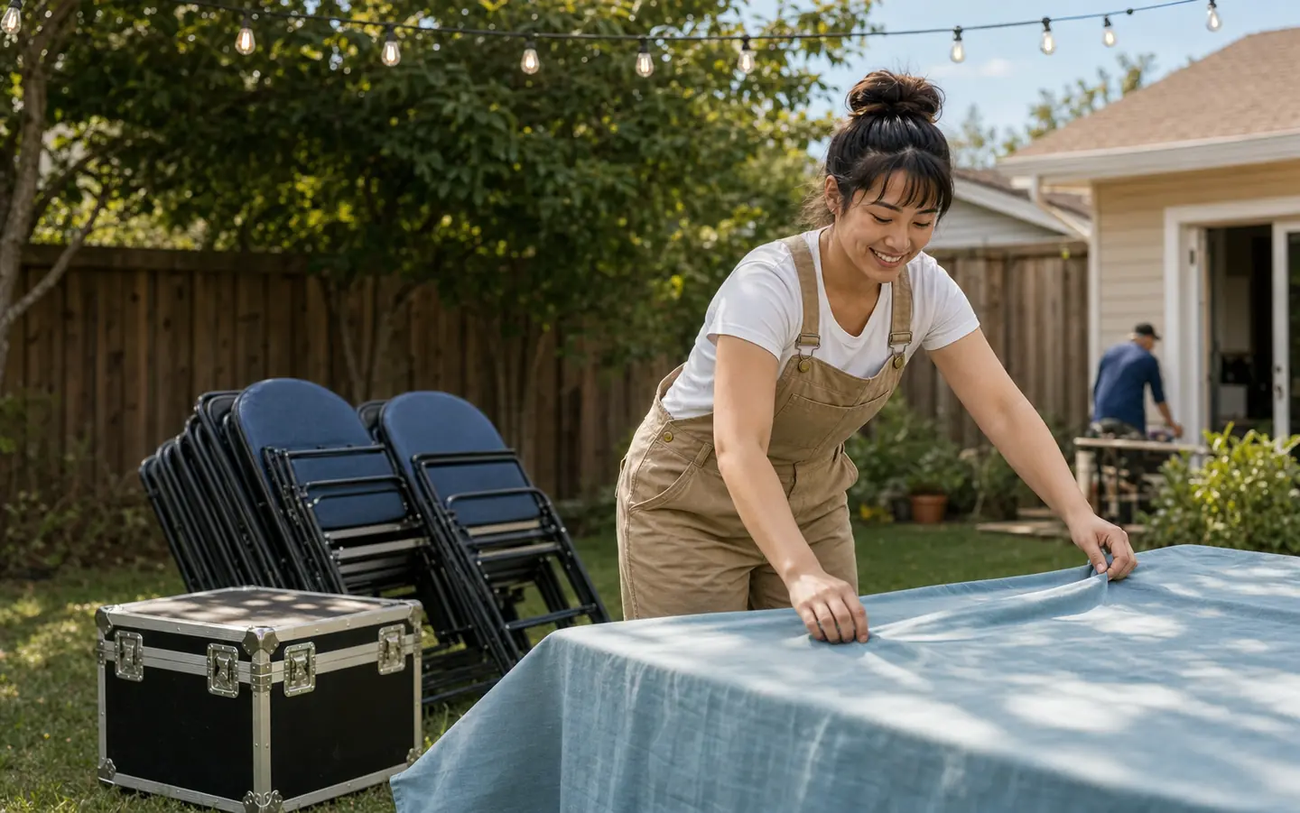 Illustrative scene of an owner setting up a folding table and rental equipment.