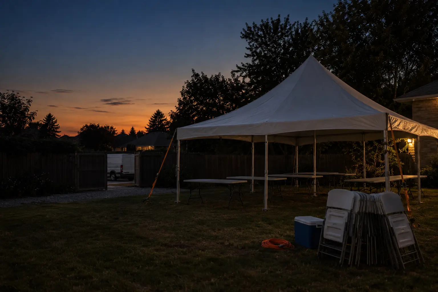 A rental tent, folding chairs and van in a backyard at dusk