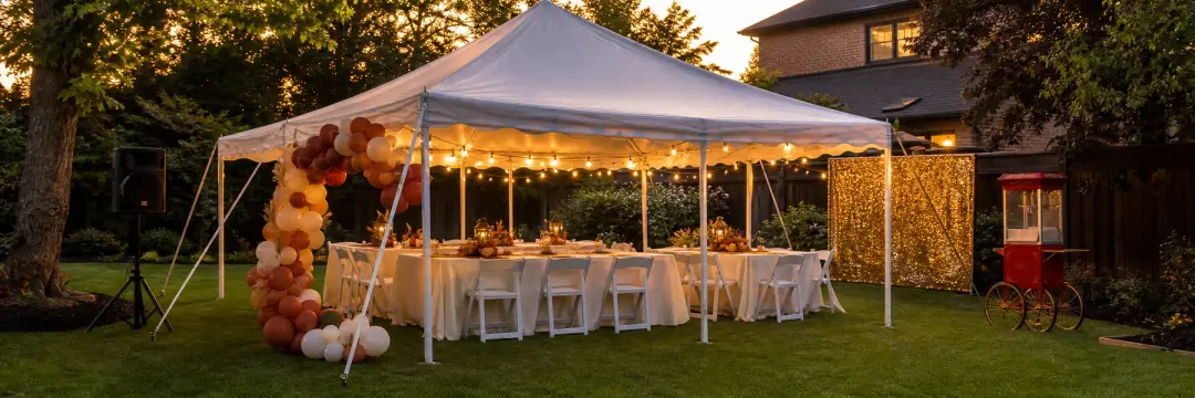 Party tent, lights and tables ready for a backyard celebration