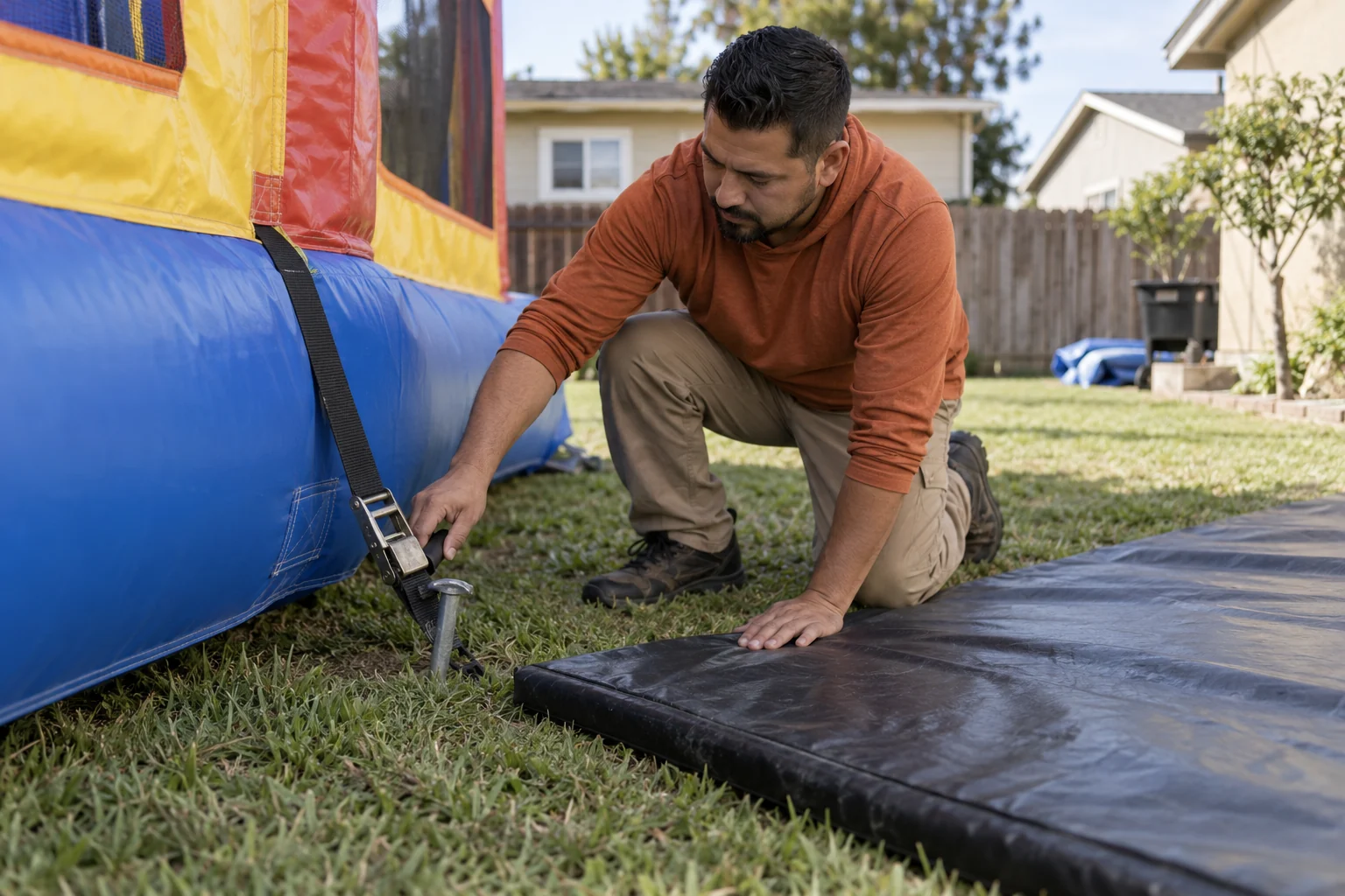 Illustration of a rental operator checking a bounce house anchor