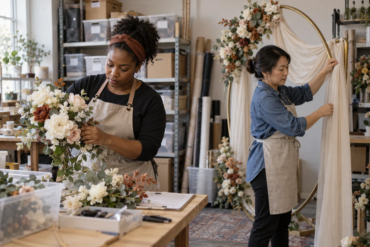 Illustration of two rental operators preparing flowers and a backdrop